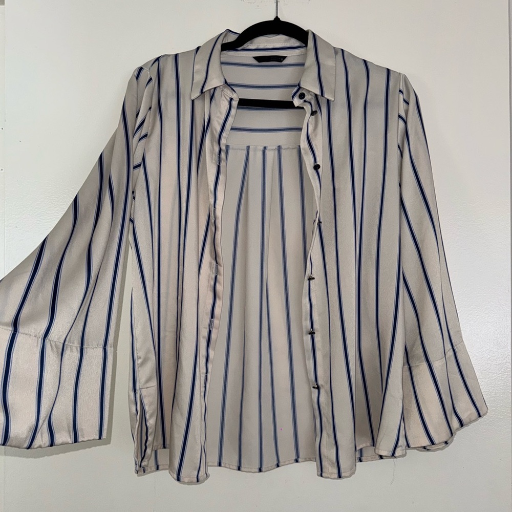 Zara Ivory and Navy Striped Blouse